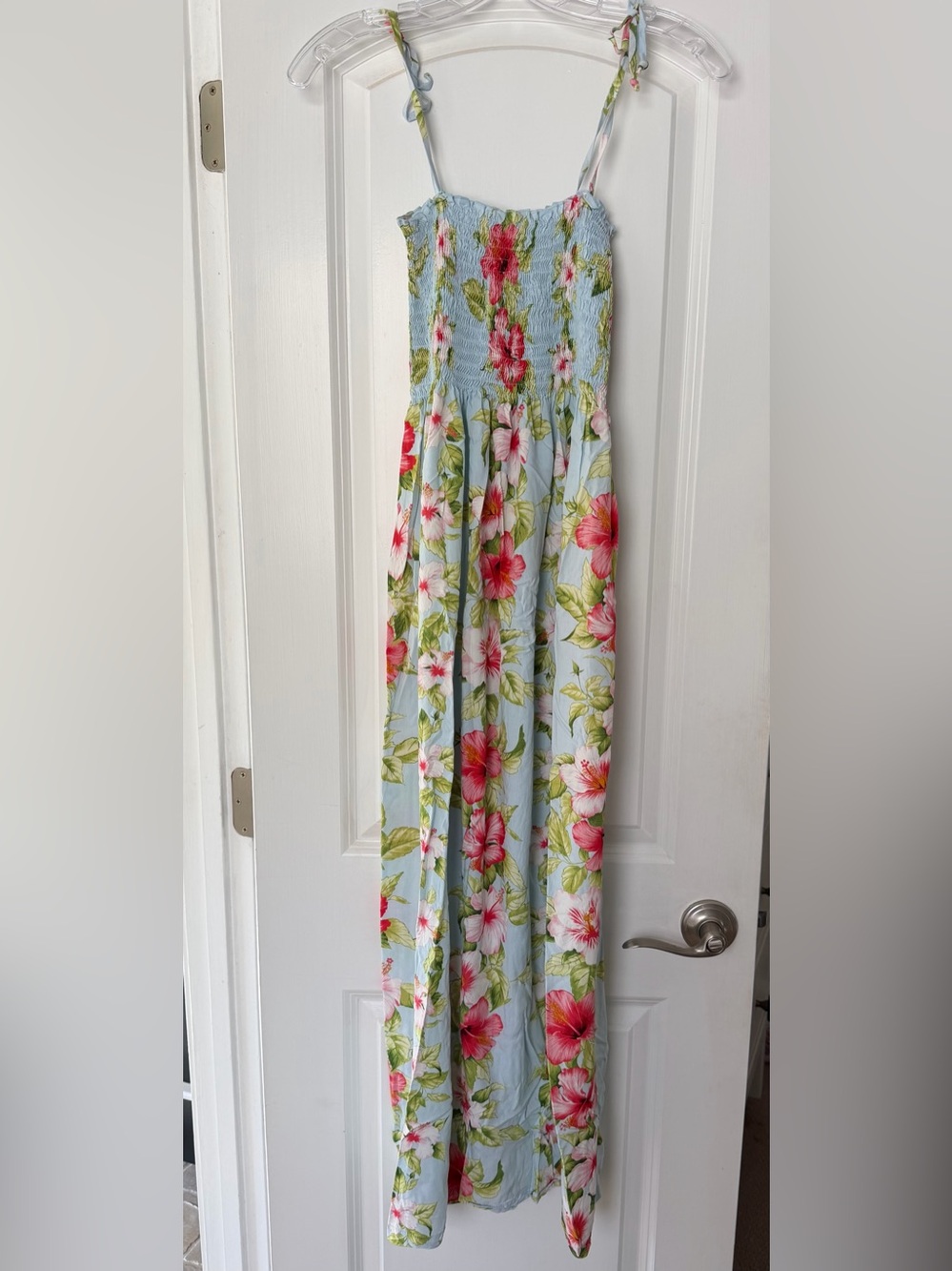 Avanti Hawaii Floral Smocked Strap Sun Dress - Light Blue with Pink Flowers